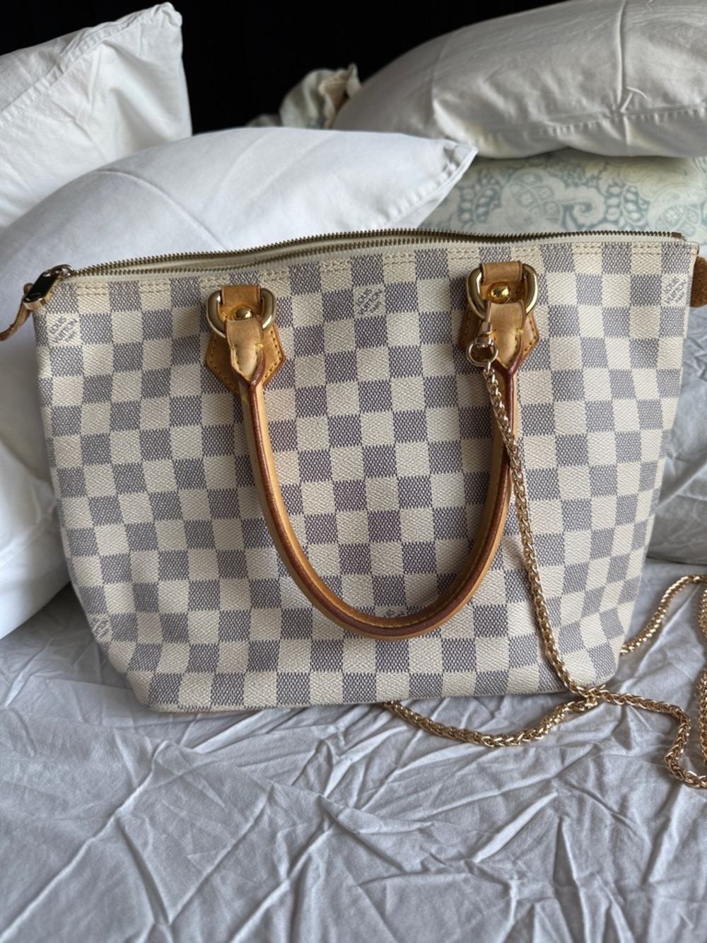 Louis Vuitton Damier Azur Canvas Tote in Cream and Tan with Gold Hardware